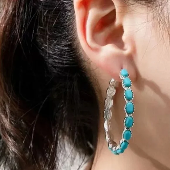 Turquoise Silver Western Hoop Earrings Light - Picture 1 of 4